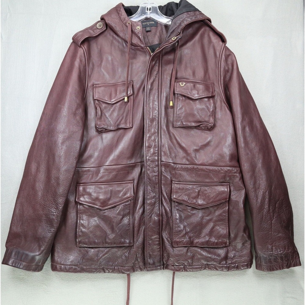 True Religion Mens Leather Parka Military Coat Bomber Jacket Size XL Purple
